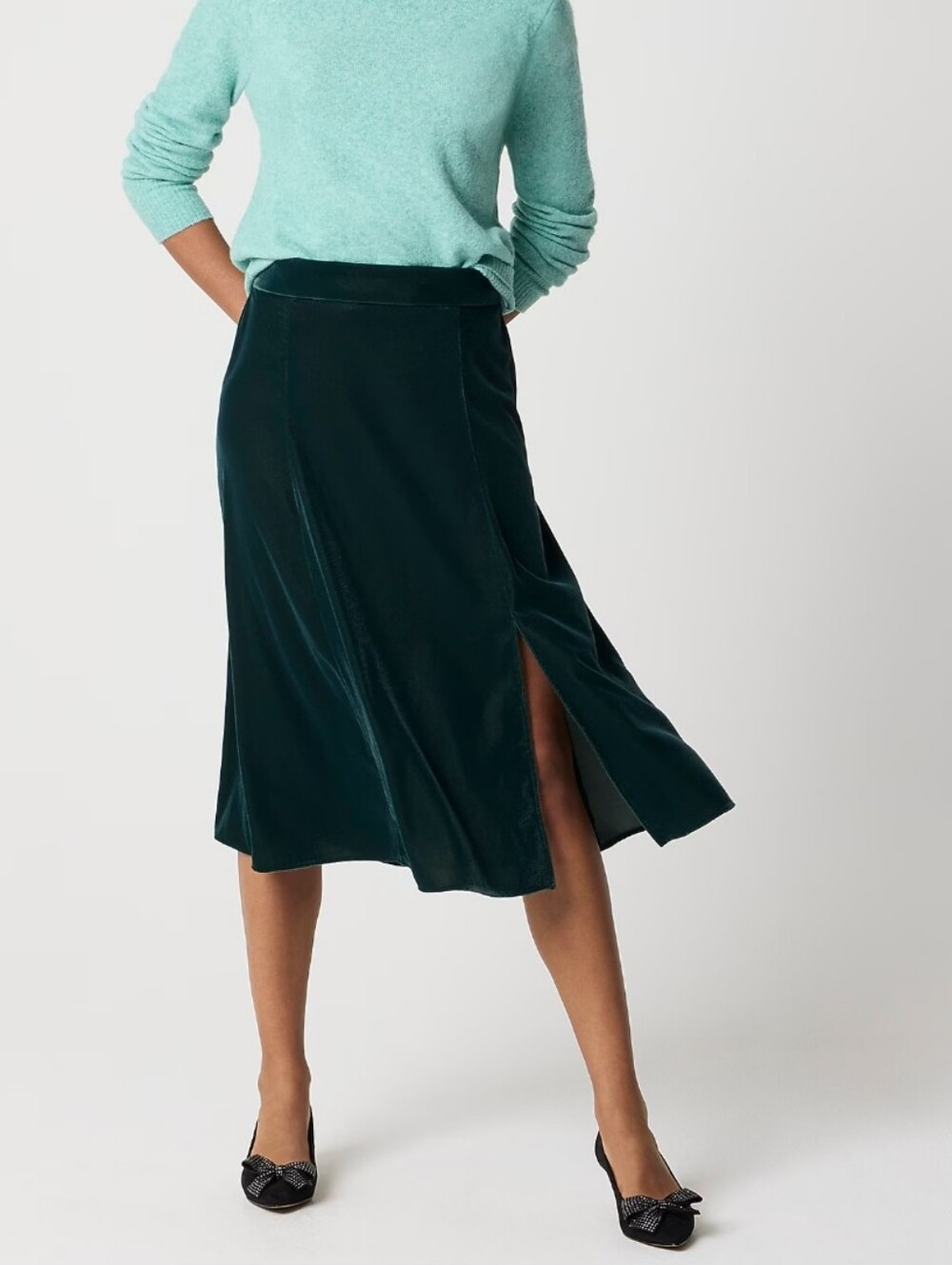 J. Crew Factory Velour Skirt Dark Green Pull On Velvet Midi Side Slit Party SM